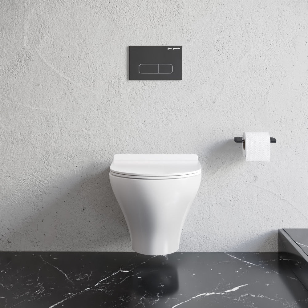 Round wall-hung toilet bowl with soft-close seat, white ceramic, modern minimalist design.