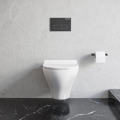 Round wall-hung toilet bowl with soft-close seat, white ceramic, modern minimalist design.