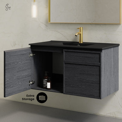 St. Tropez 36" Wall-Mounted Bathroom Vanity in Black Oak with Black Sink Top