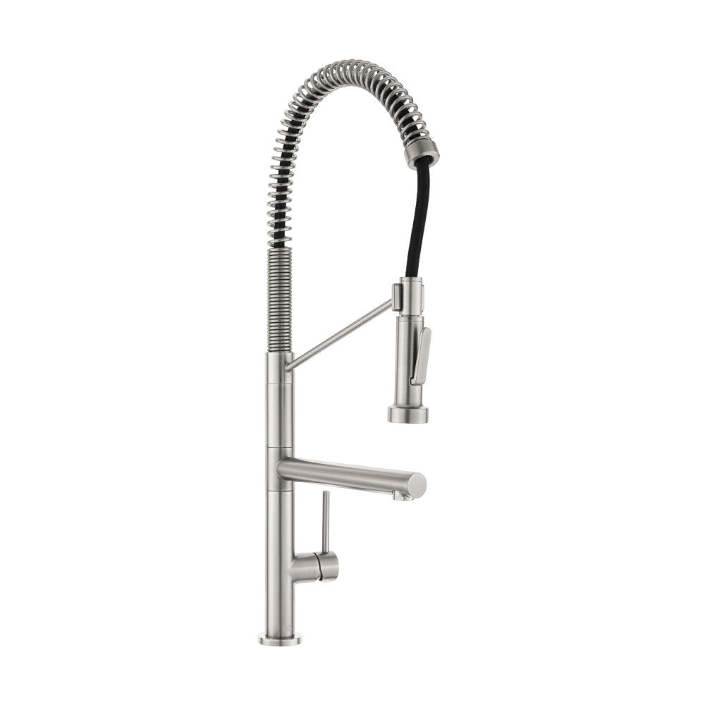 Single handle pull-down kitchen faucet with pot filler in brushed nickel finish.