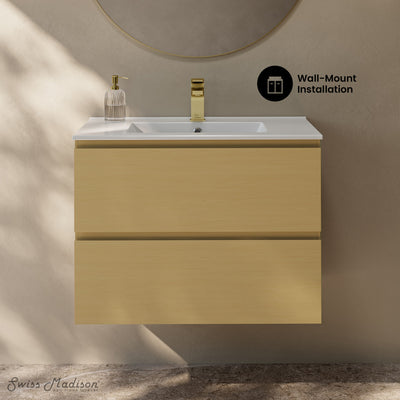 Liberte 30" Wall-Mounted Bathroom Vanity in Natural Oak with Sink Top