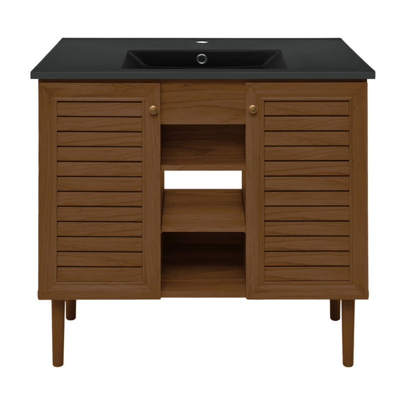 Bron 36" Freestanding Bathroom Vanity in Brown Oak with Black Sink Top