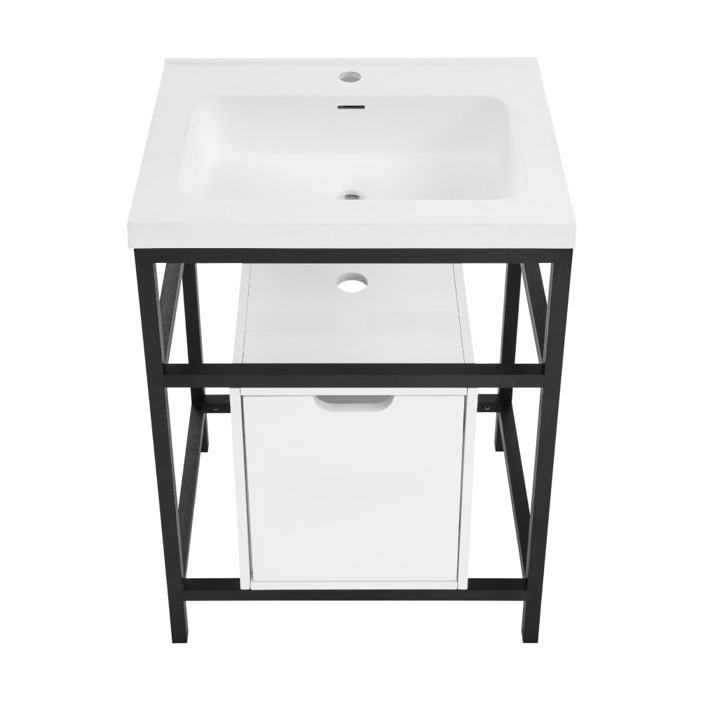 24-inch freestanding bathroom vanity in black with single sink and open shelf.