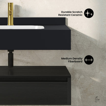Avancer 36" Wall-Mounted Bathroom Vanity in Black Oak with Black Marble Sink Top