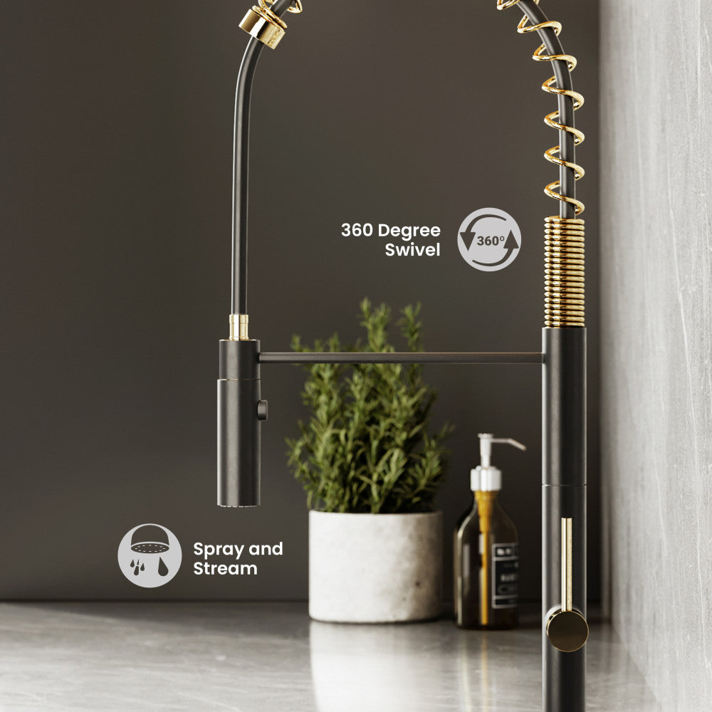 Chalet Single Handle, Pull-Down Kitchen Faucet in Brushed Gold and Black