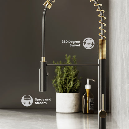 Chalet Single Handle, Pull-Down Kitchen Faucet in Brushed Gold and Black