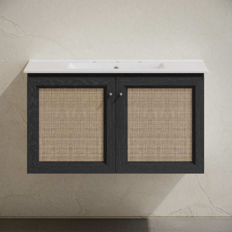 Classe 36" Wall-Mounted Bathroom Vanity in Black Oak with Widespread Faucet Holes Vanity Top