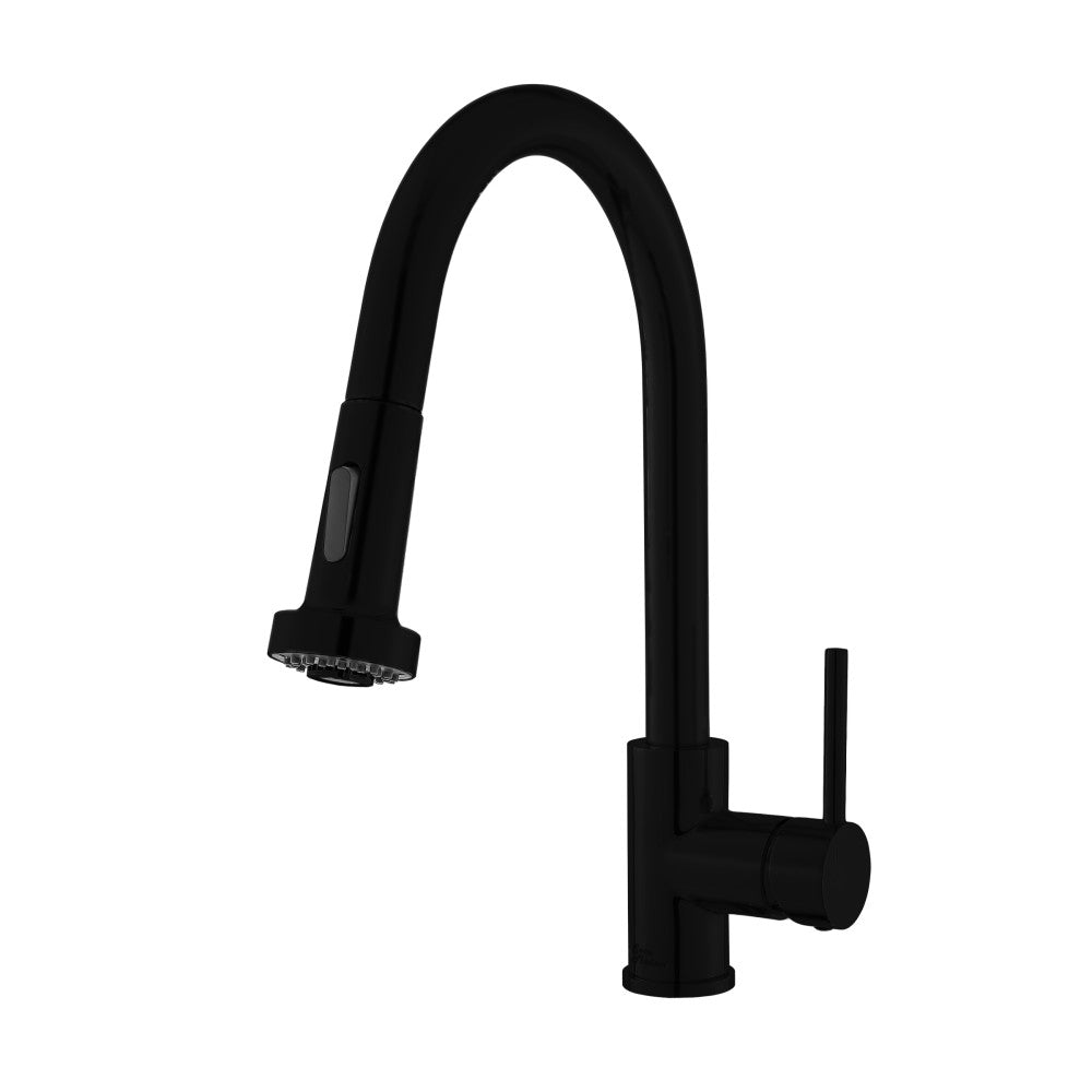 Single handle pull-down kitchen faucet in matte black with high-arc spout and cylindrical base.
