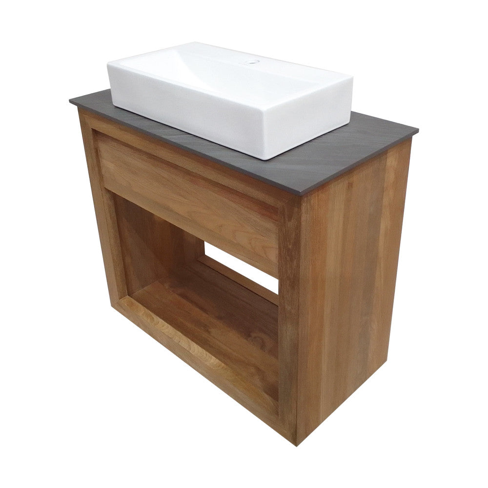 36-inch freestanding reclaimed wood bathroom vanity with slate countertop and single hole vessel sink.
