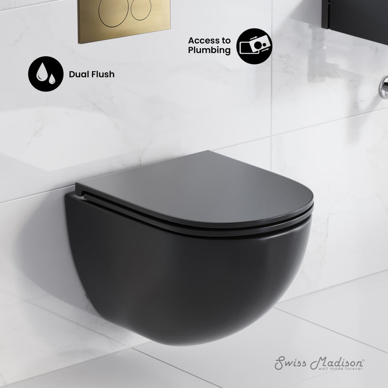 St. Tropez Wall-Hung Toilet Bundle 0.8/1.6 GPF Dual Flush in Matte Black with Brass Flush Plate