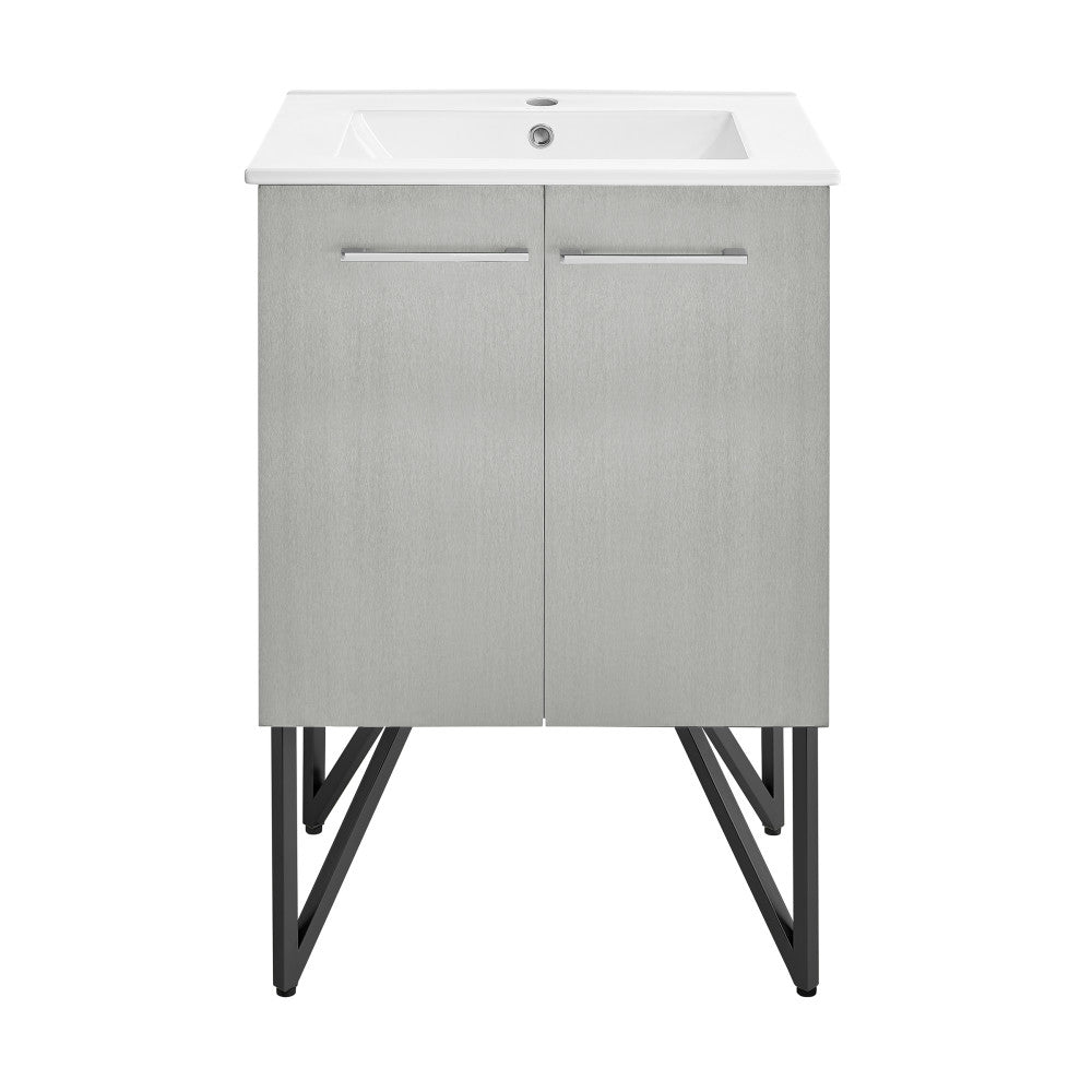 24-inch freestanding gray bathroom vanity with single sink and soft-close doors.