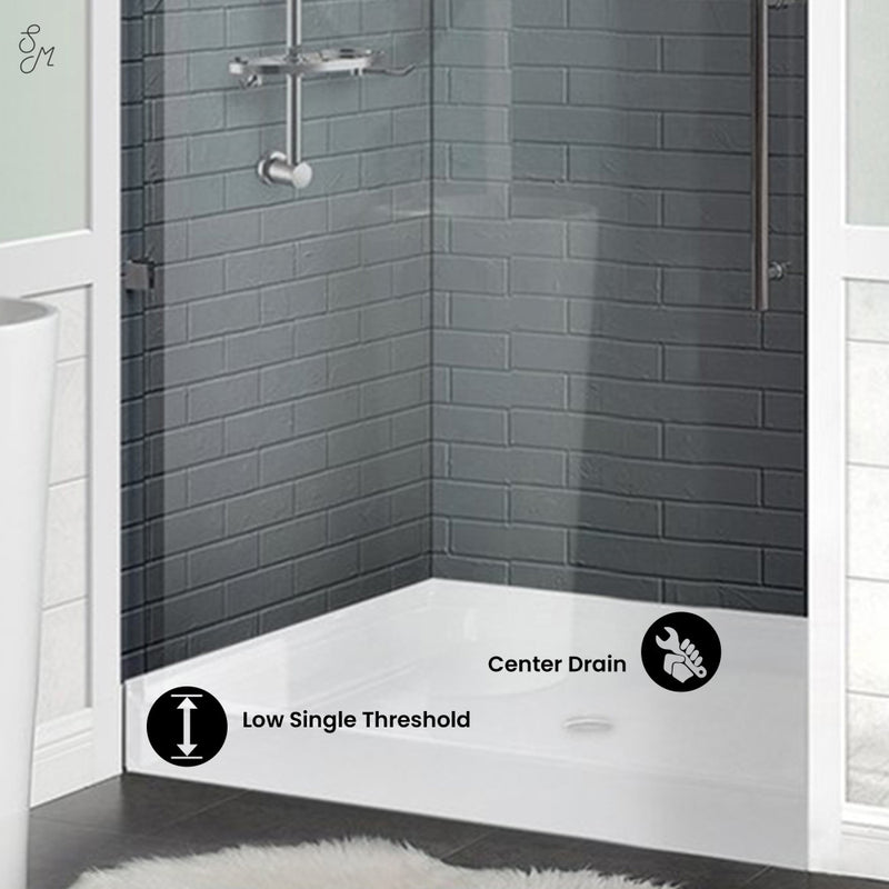 Voltaire 42" x 36" Acrylic White, Single-Threshold, Center Drain, Shower Base