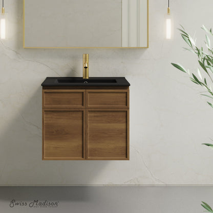 St. Tropez 24" Wall-Mounted Bathroom Vanity in Brown Oak with Black Sink Top