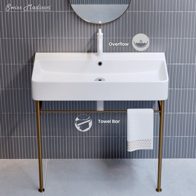 Carre 36 Ceramic Console Sink White Basin Brushed Gold Legs