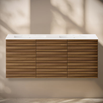 Cascade 48" Wall-Mounted Bathroom Vanity in Brown Oak with 3-Hole Widespread Double Basin Sink Top