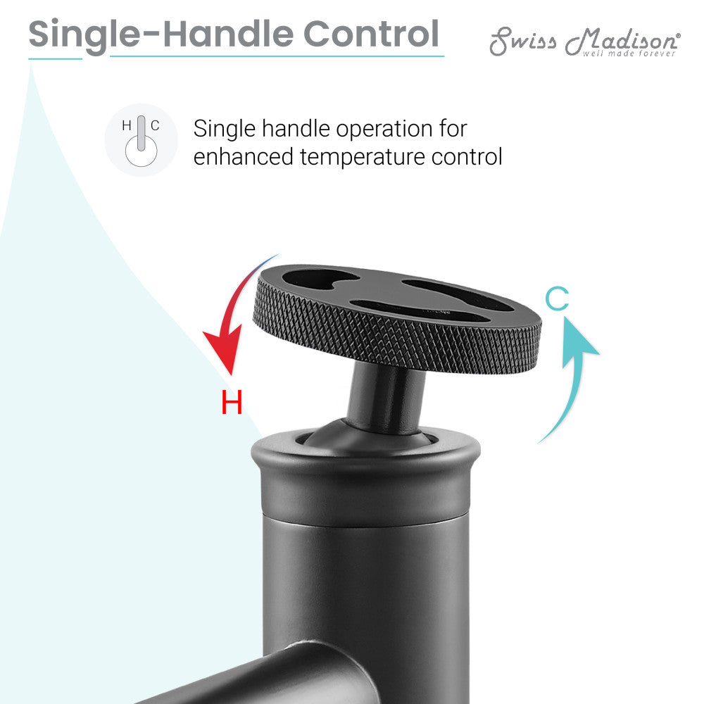 Single-handle wheel control in matte black, detailed knurled texture for precise temperature adjustment.