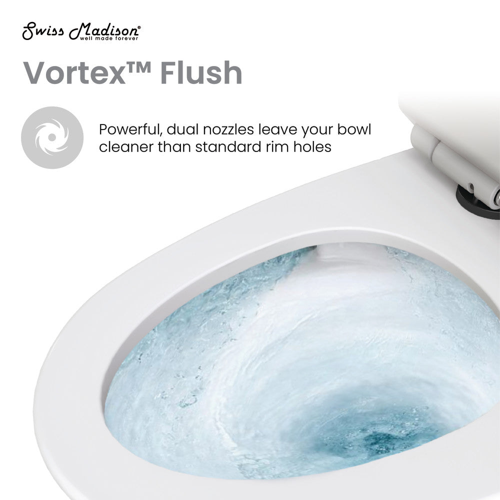 Elongated one-piece toilet, dual vortex flush, black hardware.