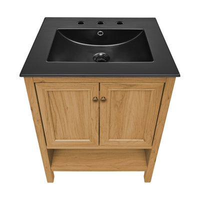 Château 24" Freestanding Bathroom Vanity in Golden Oak with Black 3-Hole Centerset Sink Top