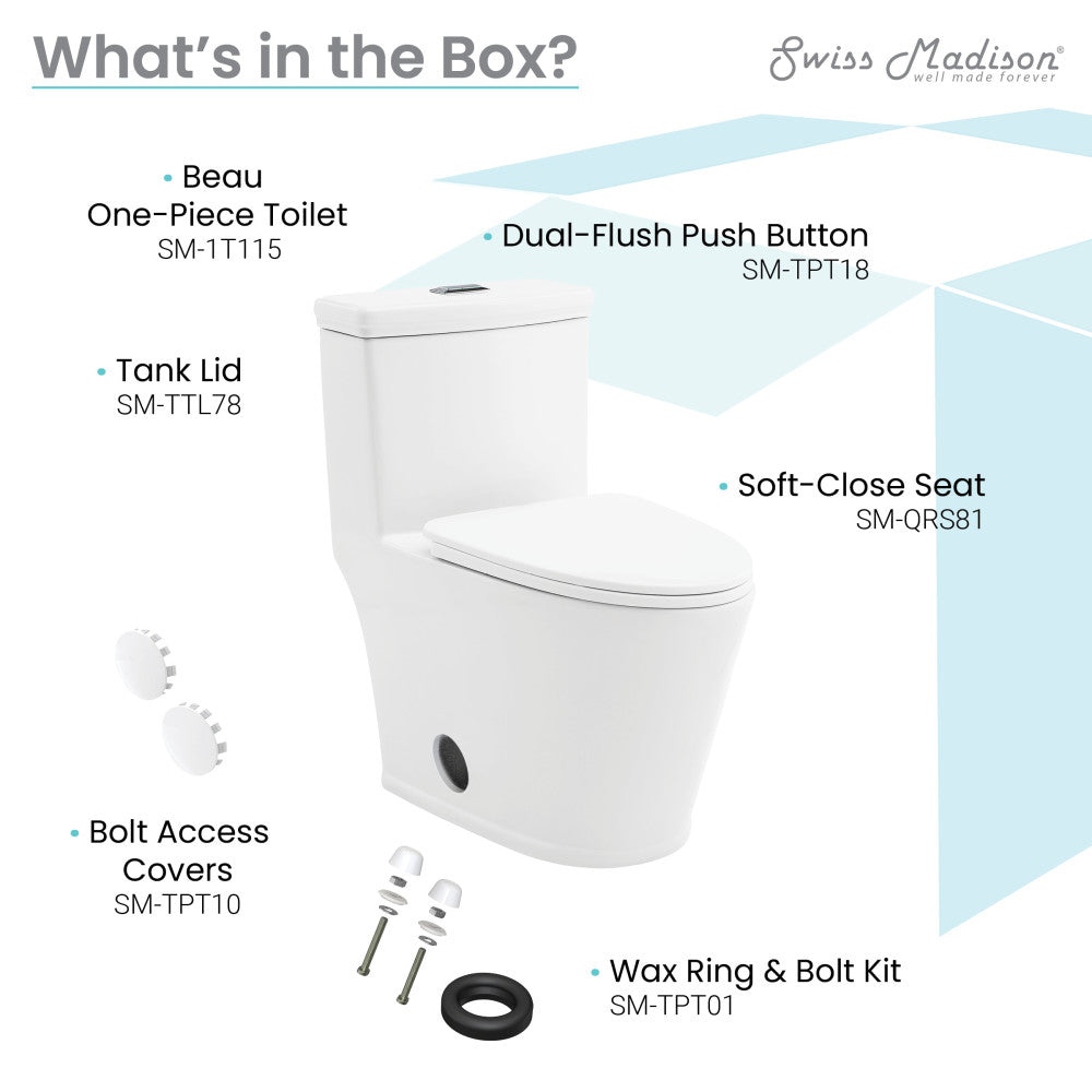 Elongated one-piece toilet with dual-flush push button and soft-close seat in white ceramic.