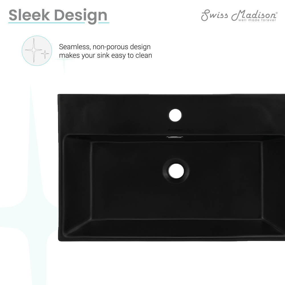 24" rectangular wall-mount bathroom sink in matte black with single faucet hole and overflow drain.
