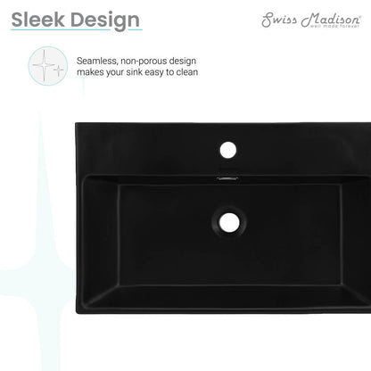 24" rectangular wall-mount bathroom sink in matte black with single faucet hole and overflow drain.