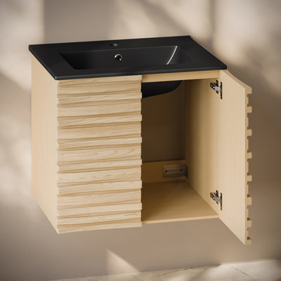 Cascade 24" Wall-Mounted Bathroom Vanity in Natural Oak with Black Sink Top