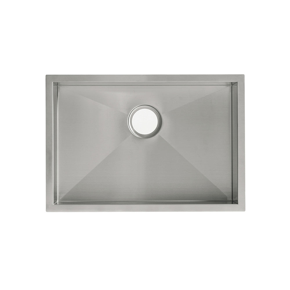 27 x 19 stainless steel undermount kitchen sink, single basin, square corners, drain centered.