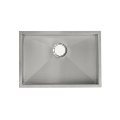 27 x 19 stainless steel undermount kitchen sink, single basin, square corners, drain centered.