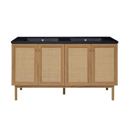 Classe 60" Freestanding Bathroom Vanity in Golden Oak with Black Double Basin Sink Top