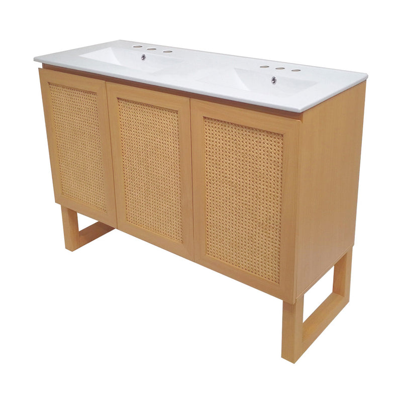 Arles 48 in. Natural Oak, Double Basin Bathroom Vanity With White, 3-Hole Ceramic Sink Top