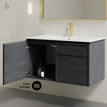 St. Tropez 36" Wall-Mounted Bathroom Vanity in Black Oak with Sink Top