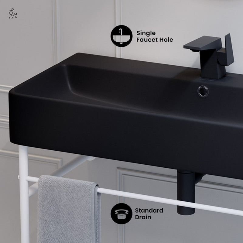 Carre 36 Ceramic Console Sink Matte Black Basin Matte White Legs