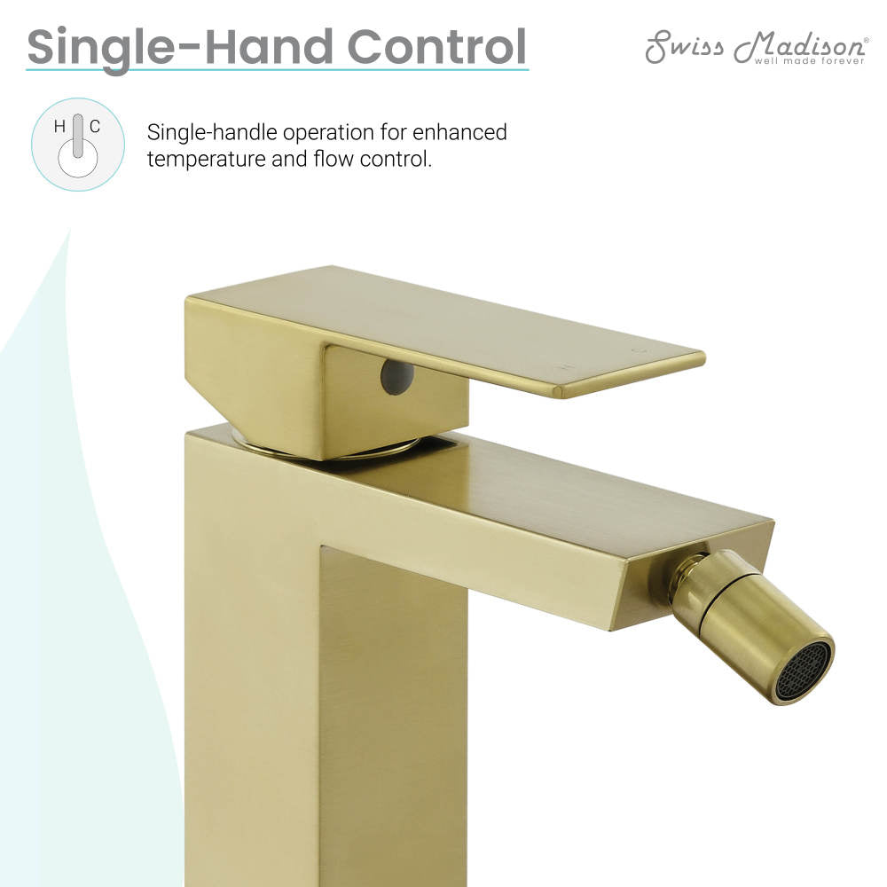 Single-handle bidet faucet in brushed gold with flat top lever and angled spray nozzle.
