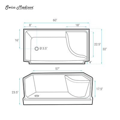 Aquatique 60" x 32" Single Threshold Shower Base With Left Hand Drain and Integral Right Hand Seat in White