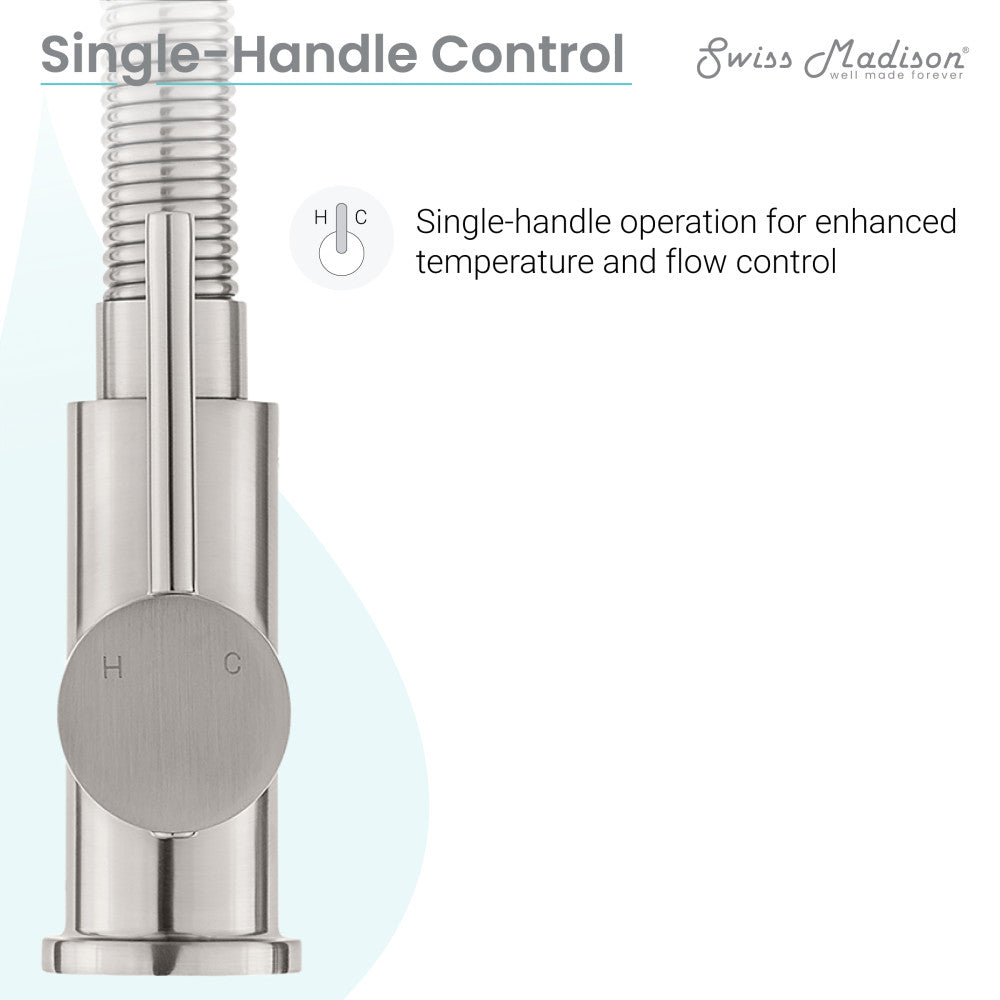 Pull-down kitchen faucet in brushed nickel, single handle with flexible spring spout and temperature control.