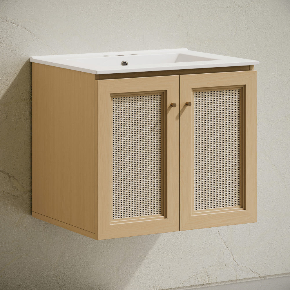 Classe 24" Wall-Mounted Bathroom Vanity in Natural Oak with Centerset Faucet Holes Vanity Top