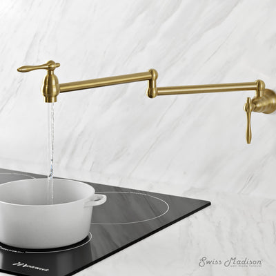 Plaisir Retractable Wall Mount Pot Filler Faucet in Brushed Gold