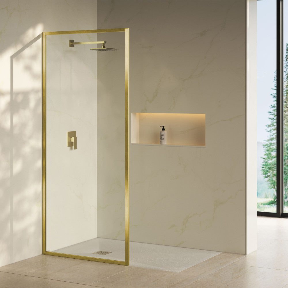 Pierre 34 x 76 Framed Fixed 3/8 in. (10mm) Clear Tempered Glass Shower Door with Brushed Gold Frame