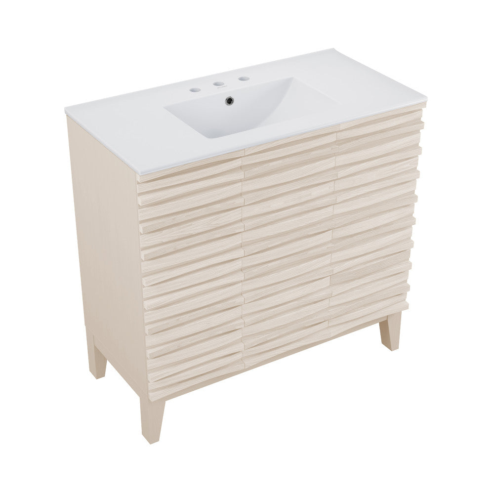 Cascade 36 in. White Oak Bathroom Vanity With White, 3-Hole Ceramic Sink Top