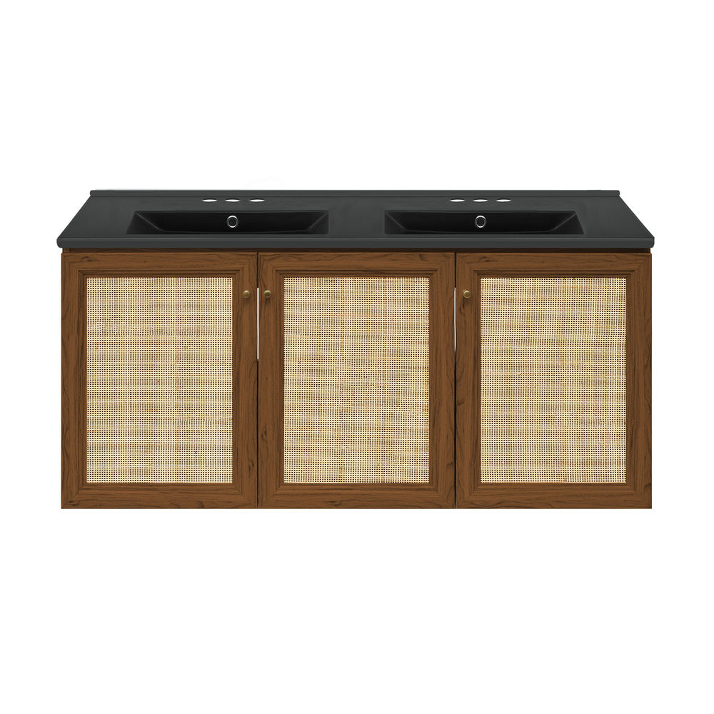 Classe 48" Wall-Mounted Bathroom Vanity in Brown Oak with Black 3-Hole Centerset Double Basin Sink Top