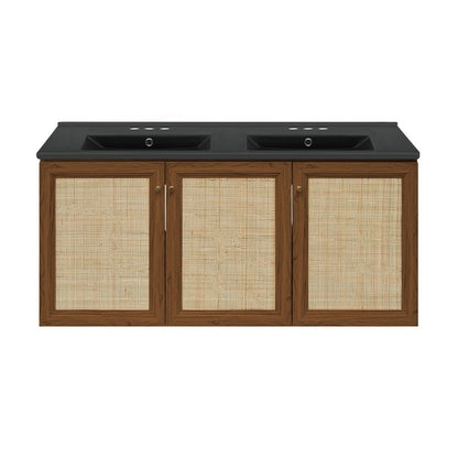 Classe 48" Wall-Mounted Bathroom Vanity in Brown Oak with Black 3-Hole Centerset Double Basin Sink Top