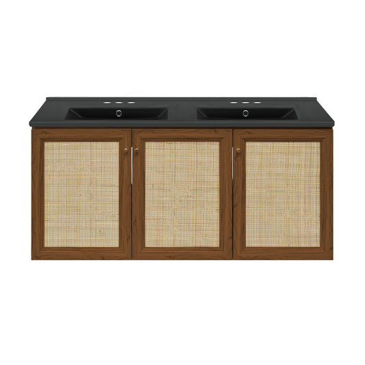 Classe 48" Wall-Mounted Bathroom Vanity in Brown Oak with Black 3-Hole Centerset Double Basin Sink Top