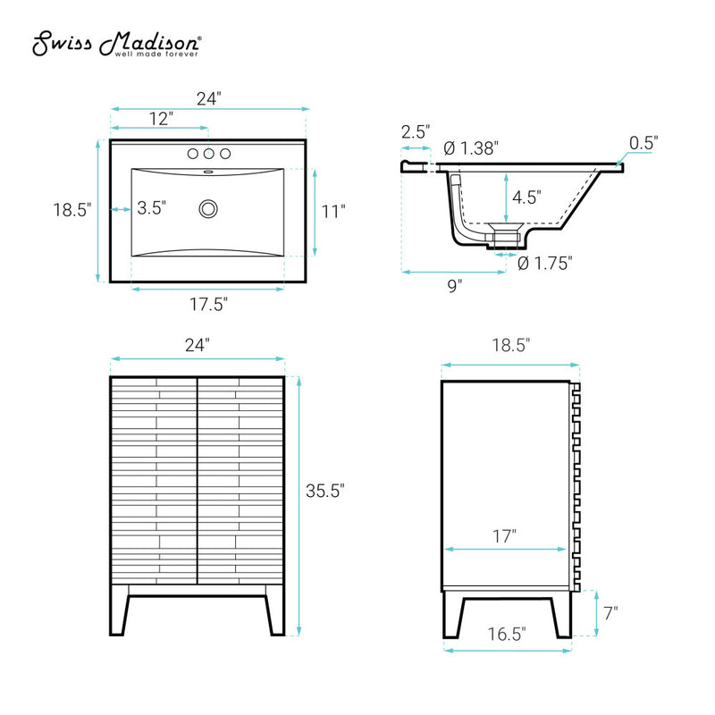 Cascade 24" Freestanding Bathroom Vanity in Green Oak with Black 3-Hole Centerset Sink Top