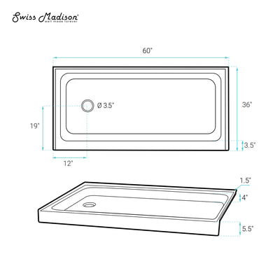 Voltaire 60" x 36" Acrylic Black, Single-Threshold, Left Drain, Shower Base