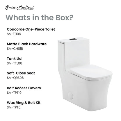 Elongated one-piece toilet with dual flush and matte black hardware, compact design.