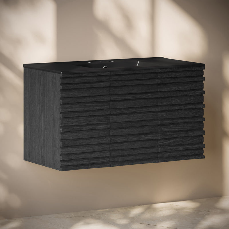 Cascade 36" Wall-Mounted Bathroom Vanity in Black Oak with Black 3-Hole Widespread Sink Top