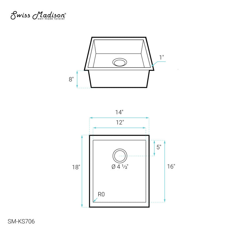 Tourner 14 x 18 Stainless Steel, Single Basin, Undermount Kitchen Sink