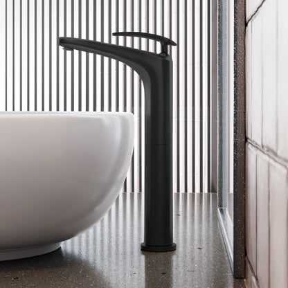 Single-handle bathroom faucet in matte black with high-arc spout and sleek modern design.