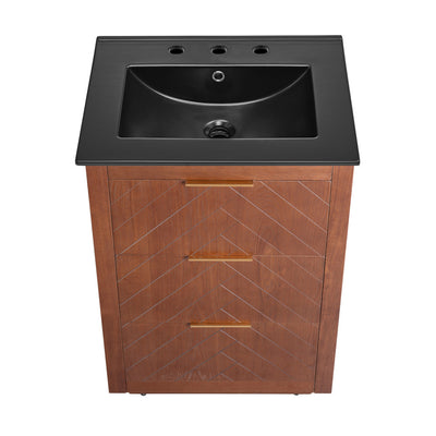 Daxton 24" Freestanding Bathroom Vanity in Brown Oak with Black 3-Hole Centerset Sink Top