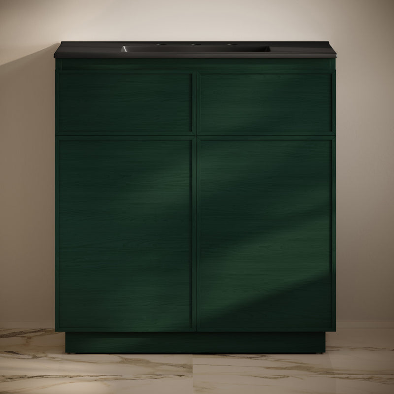 St. Tropez 36" Freestanding Bathroom Vanity in Green Oak with Black 3-Hole Widespread Sink Top